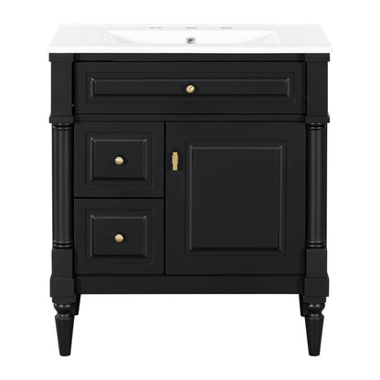 30" Black Bathroom Vanity with Sink, 3 Drawers & Turned Legs