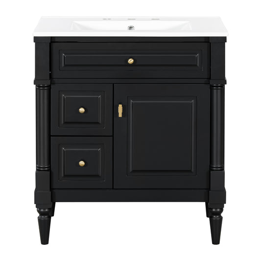 30" Black Bathroom Vanity with Sink, 3 Drawers & Turned Legs