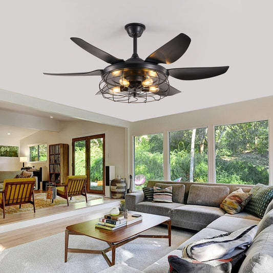 52" Black Industrial Caged Ceiling Fan with Light