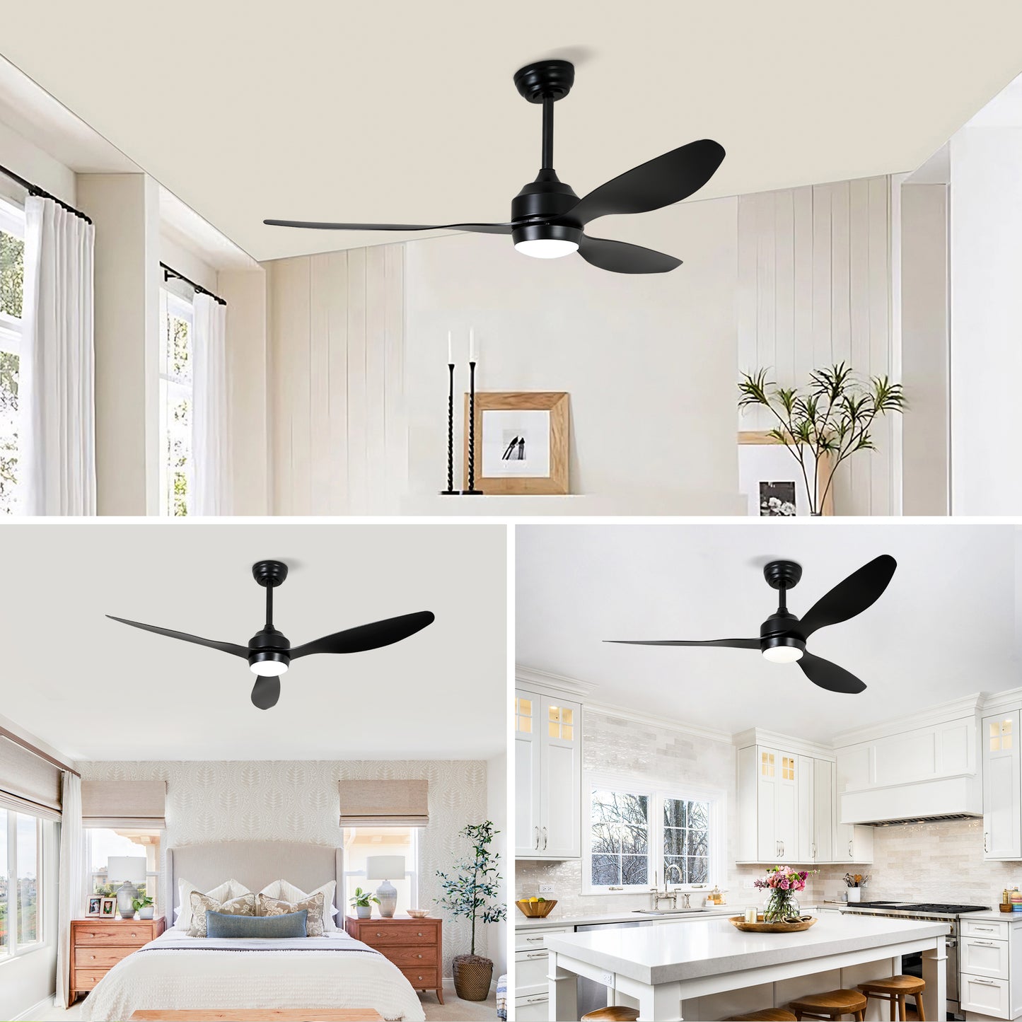 52" Matte Black 3-Blade Ceiling Fan with Light - view 8
