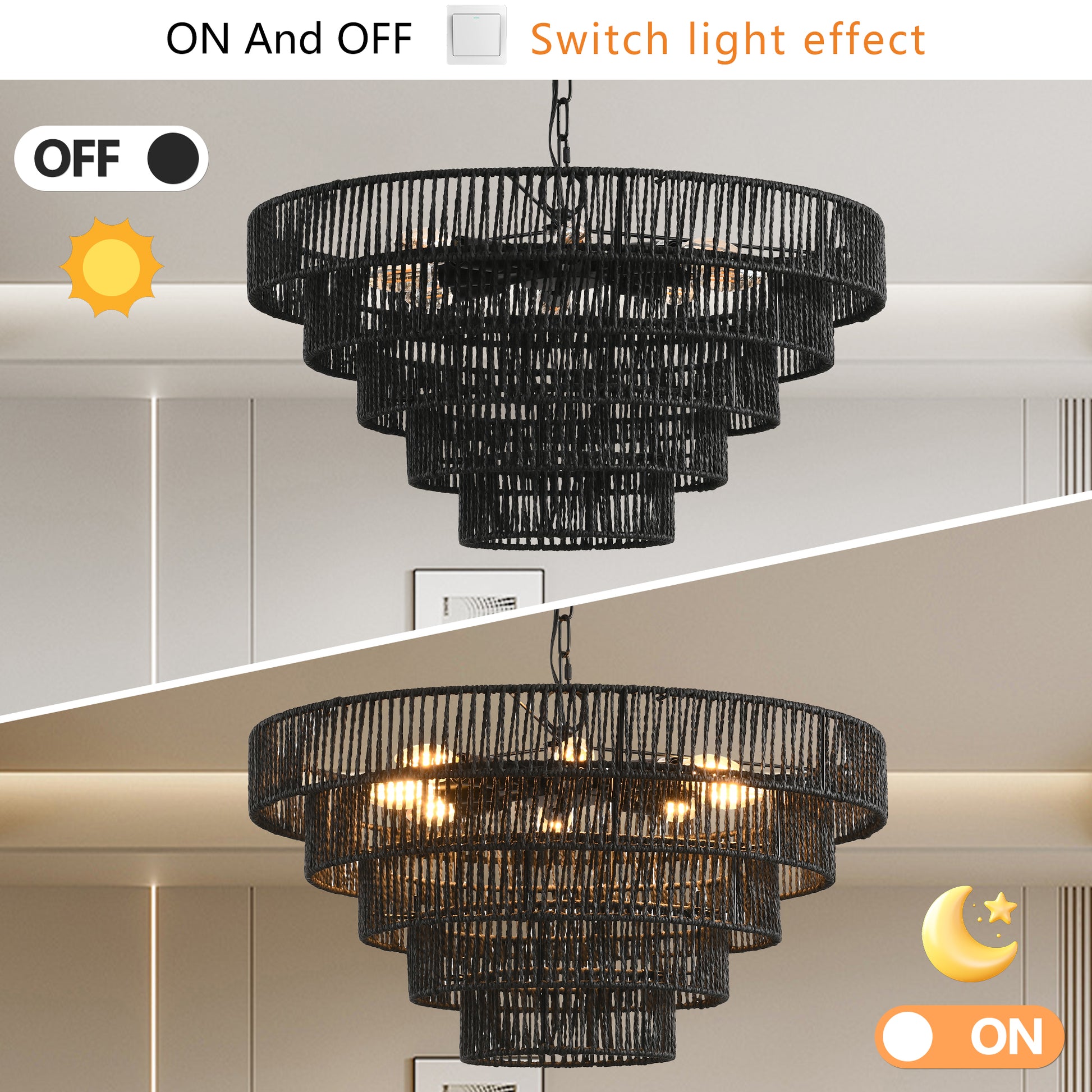 24" 5-Tier Black Hemp Rope Chandelier, 8-Light - view 5