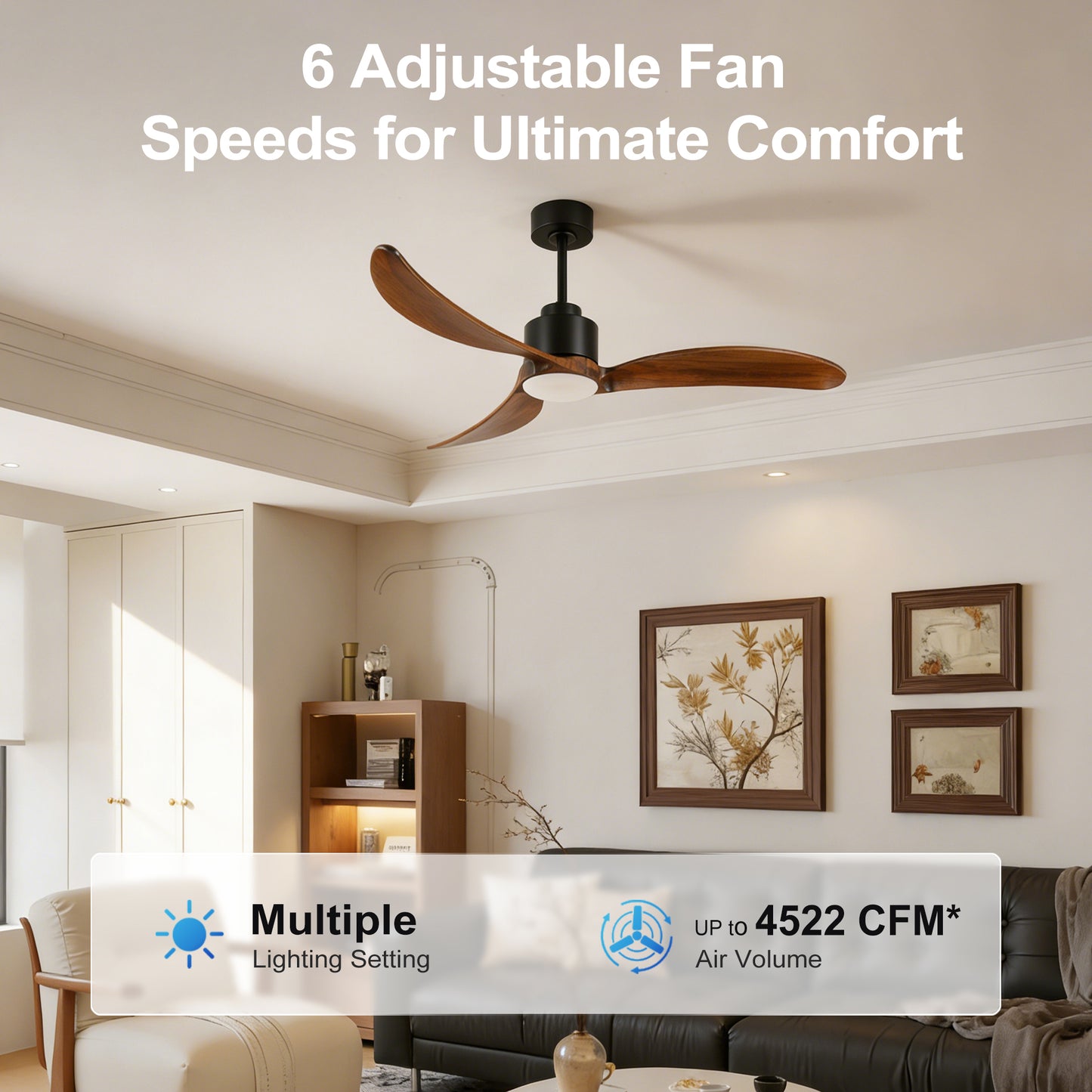 52" Matte Black & Wood Ceiling Fan with Dimmable LED - view 10