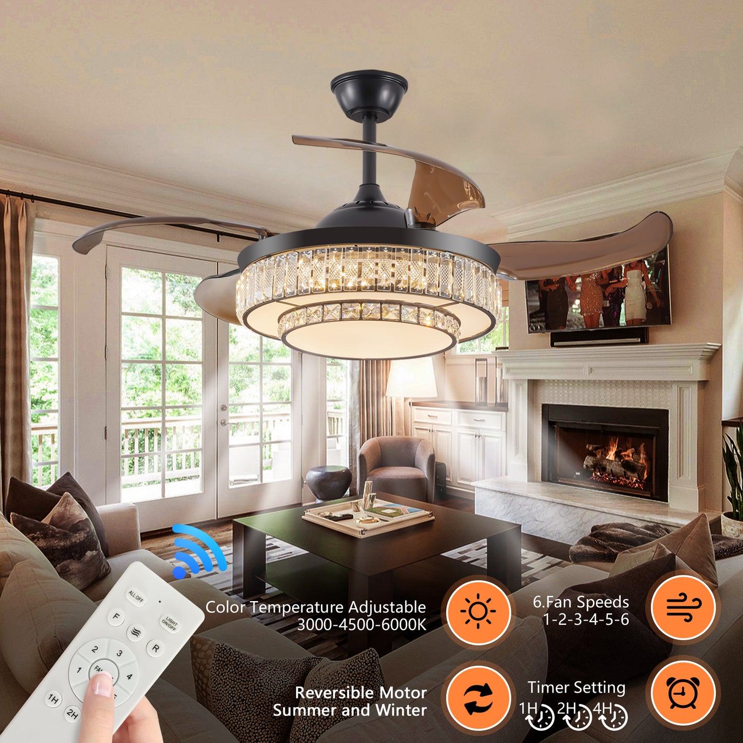 48" Black Crystal Retractable Ceiling Fan with Remote - view 4