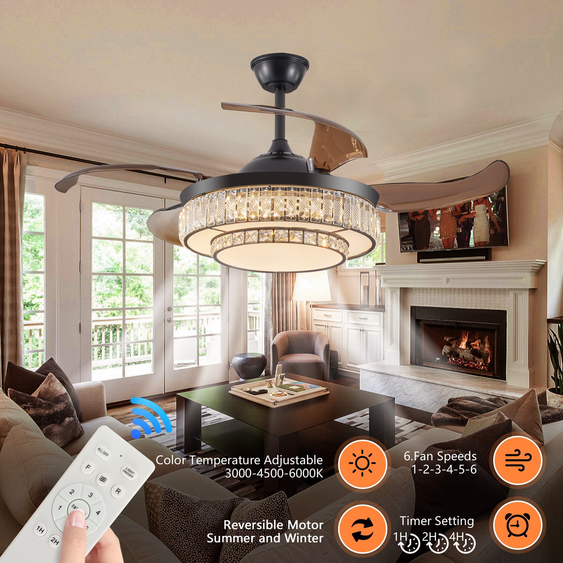 48" Black Crystal Retractable Ceiling Fan with Remote - view 4