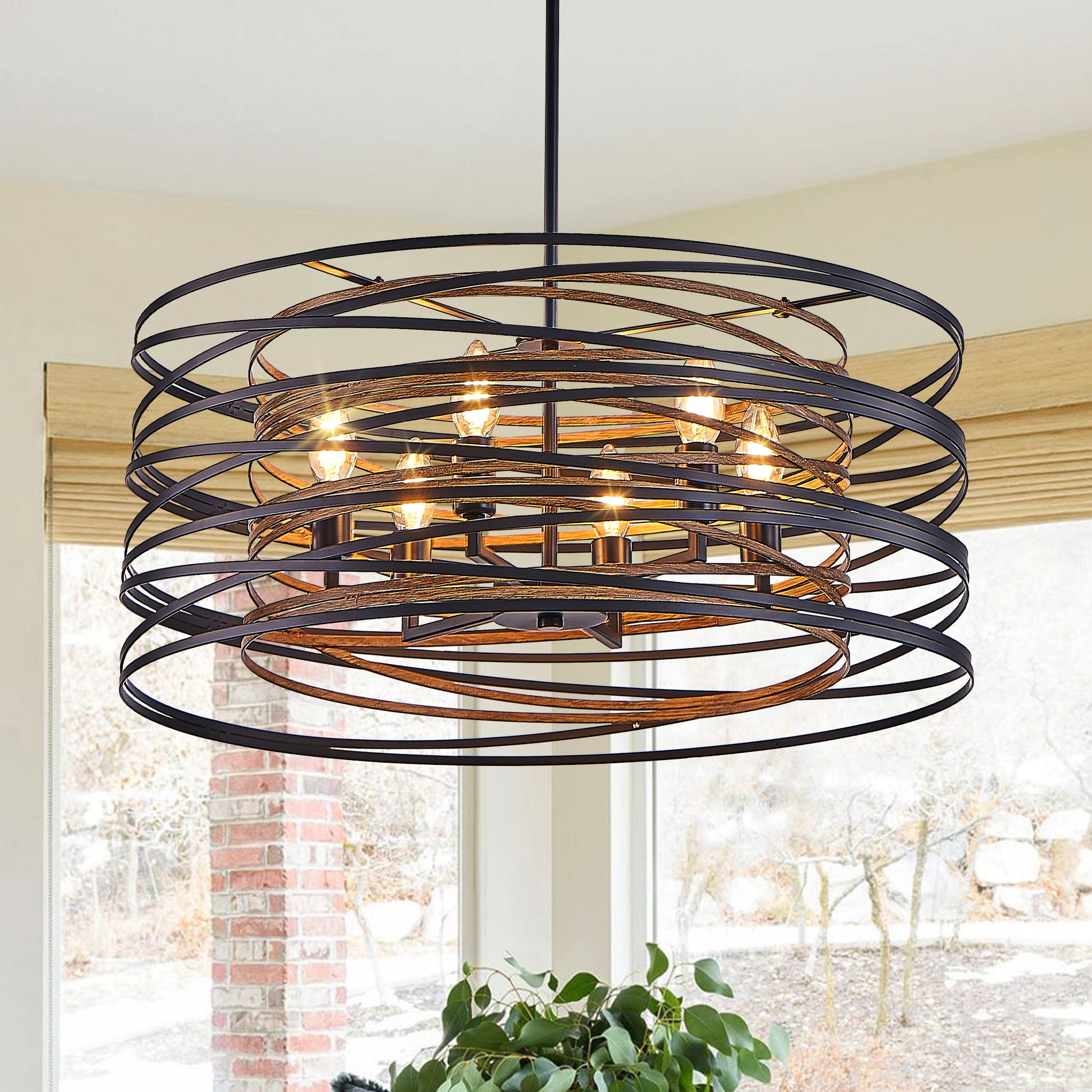 24" 6-Light Black & Walnut Caged Chandelier - view 3