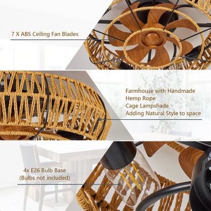 19" Black Caged Boho Flush Mount Ceiling Fan with Remote - view 8