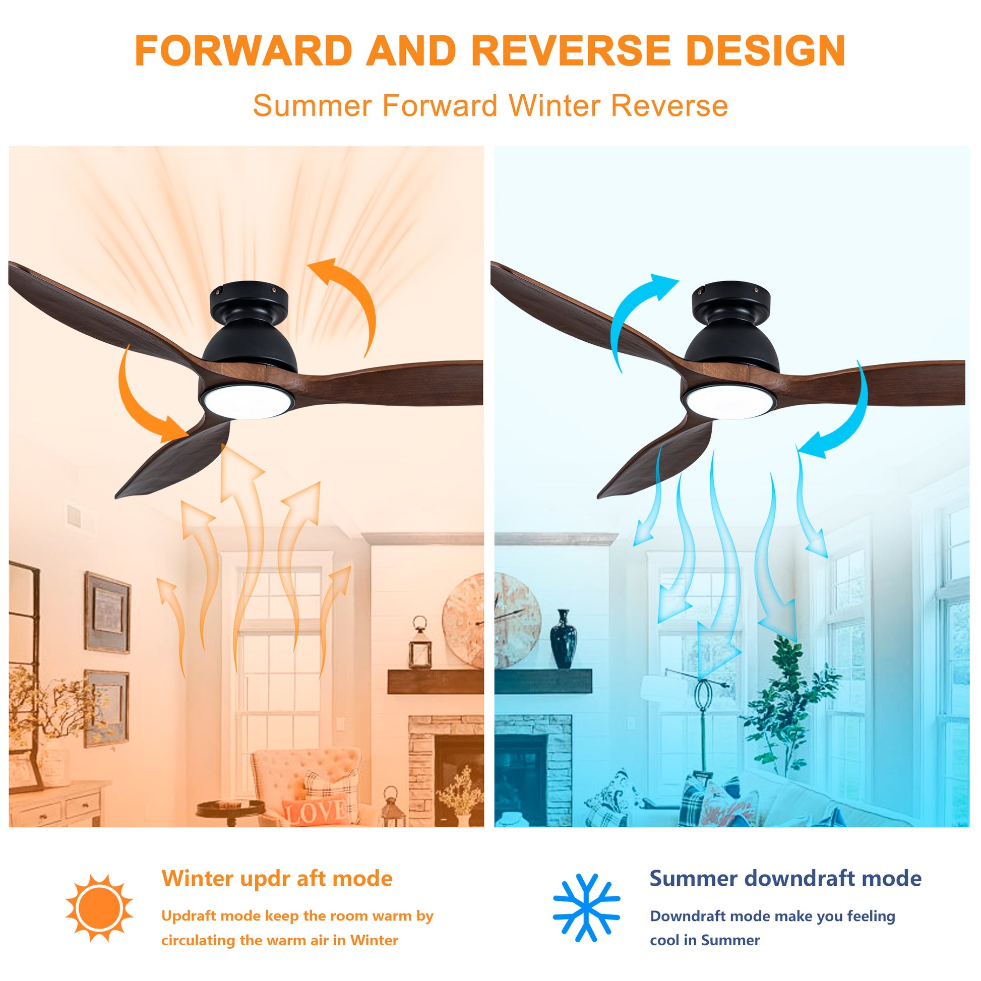 52" Matte Black Flush Mount Wood Ceiling Fan with Remote - view 9