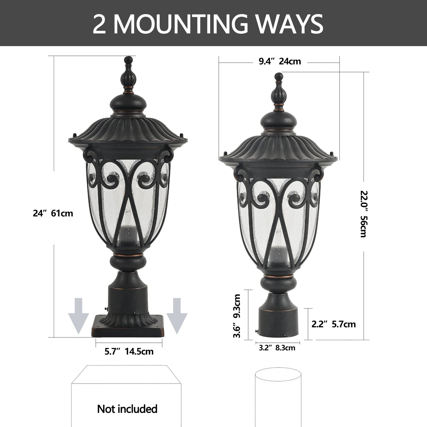 24"H Vintage Black Outdoor Post Light with Bubble Glass - view 9