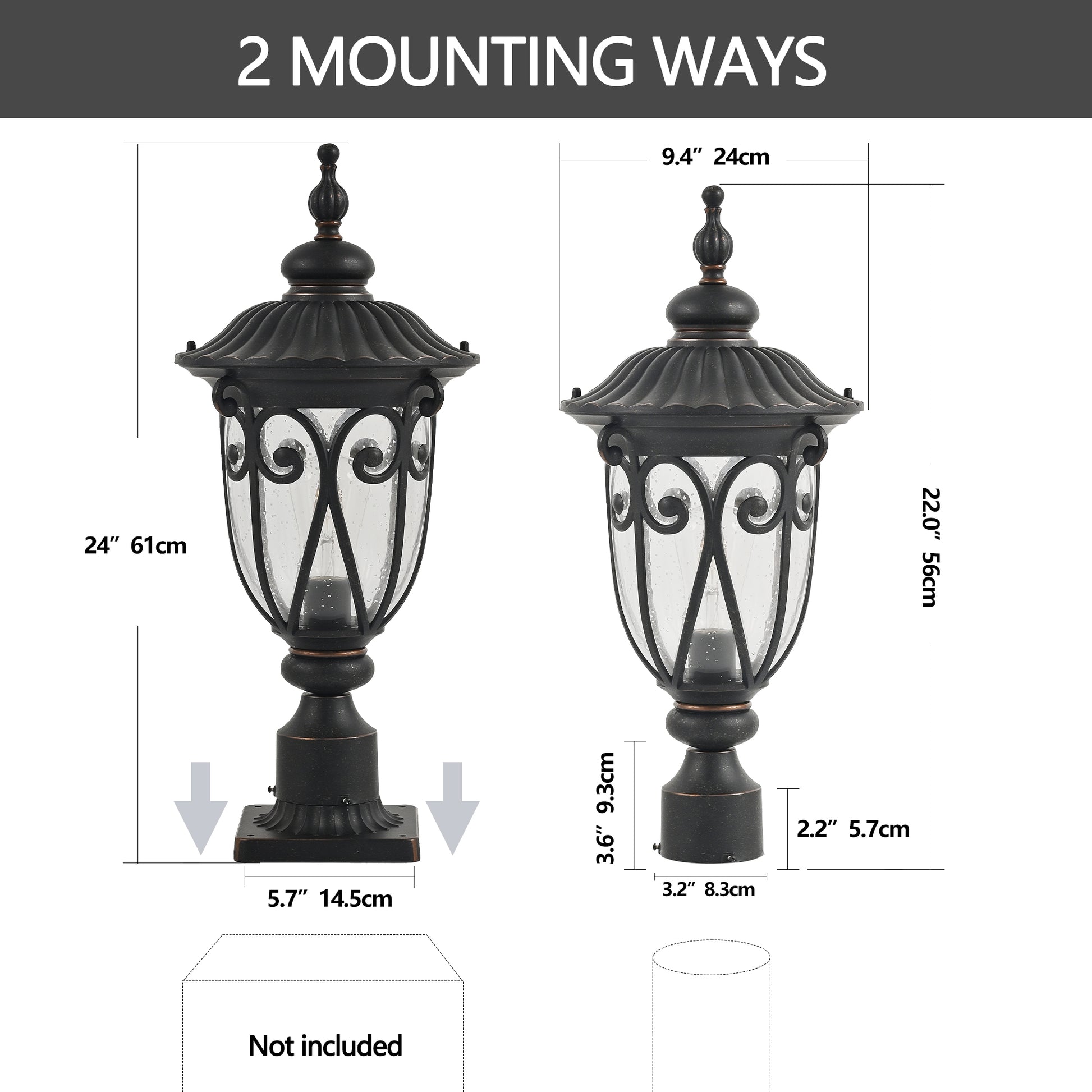 24"H Vintage Black Outdoor Post Light with Bubble Glass - view 9