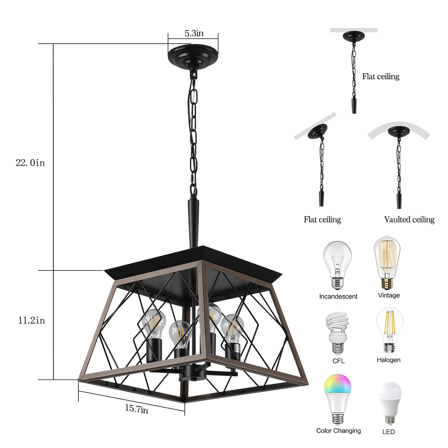 16" 4-Light Walnut Industrial Caged Chandelier - view 8