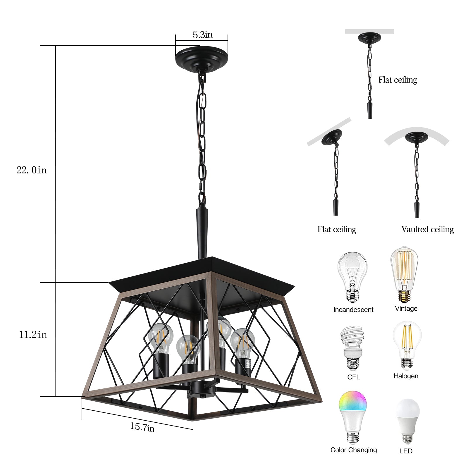 16" 4-Light Walnut Industrial Caged Chandelier - view 8