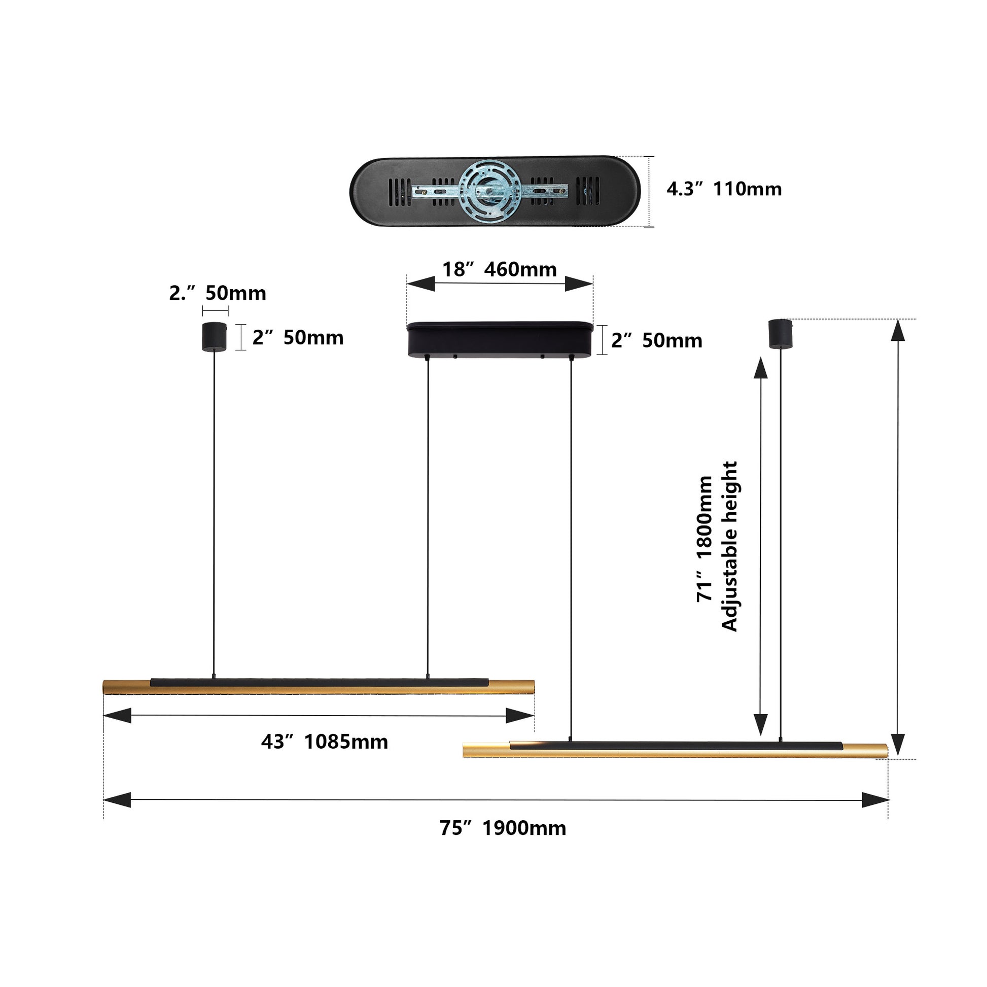 75" Black & Gold Dual Tube LED Pendant Light - view 9