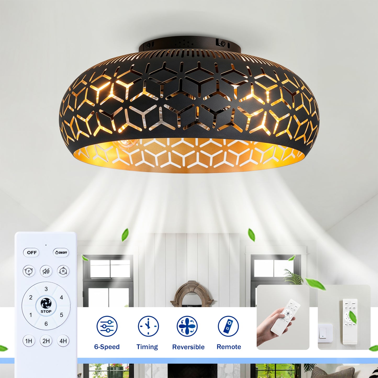 19.7" Black & Gold Caged Ceiling Fan with Remote - view 14
