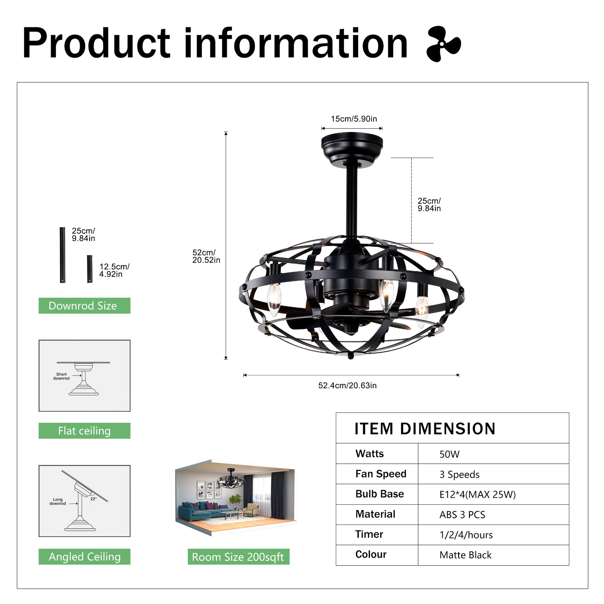 20.63" Matte Black Caged Ceiling Fan with Light - view 6
