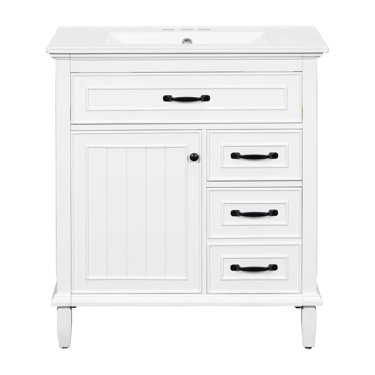30" White Bathroom Vanity with Sink, 3 Drawers & Black Handles