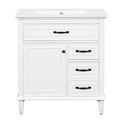 30" White Bathroom Vanity with Sink, 3 Drawers & Black Handles
