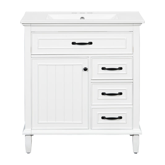 30" White Bathroom Vanity with Sink, 3 Drawers & Black Handles