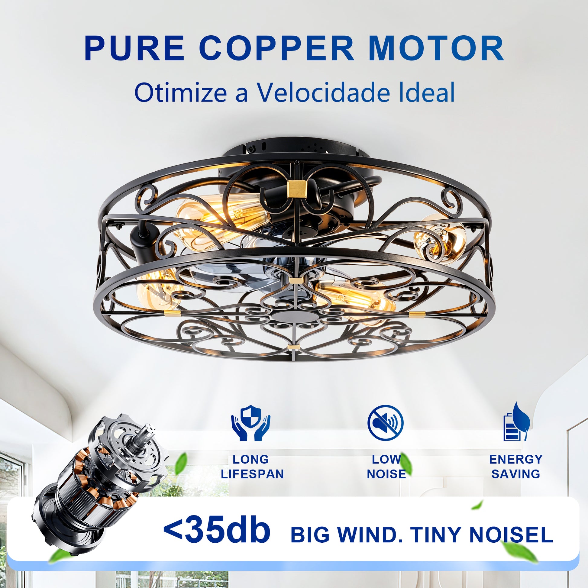 20" Matte Black Flush Mount Caged Ceiling Fan with Remote - view 12