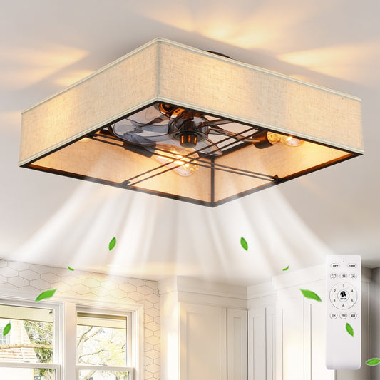 16.6" Square Fabric Farmhouse Flush Mount Ceiling Fan - view 2