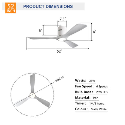 52" Matte White Solid Wood Ceiling Fan with Dimmable LED - view 7