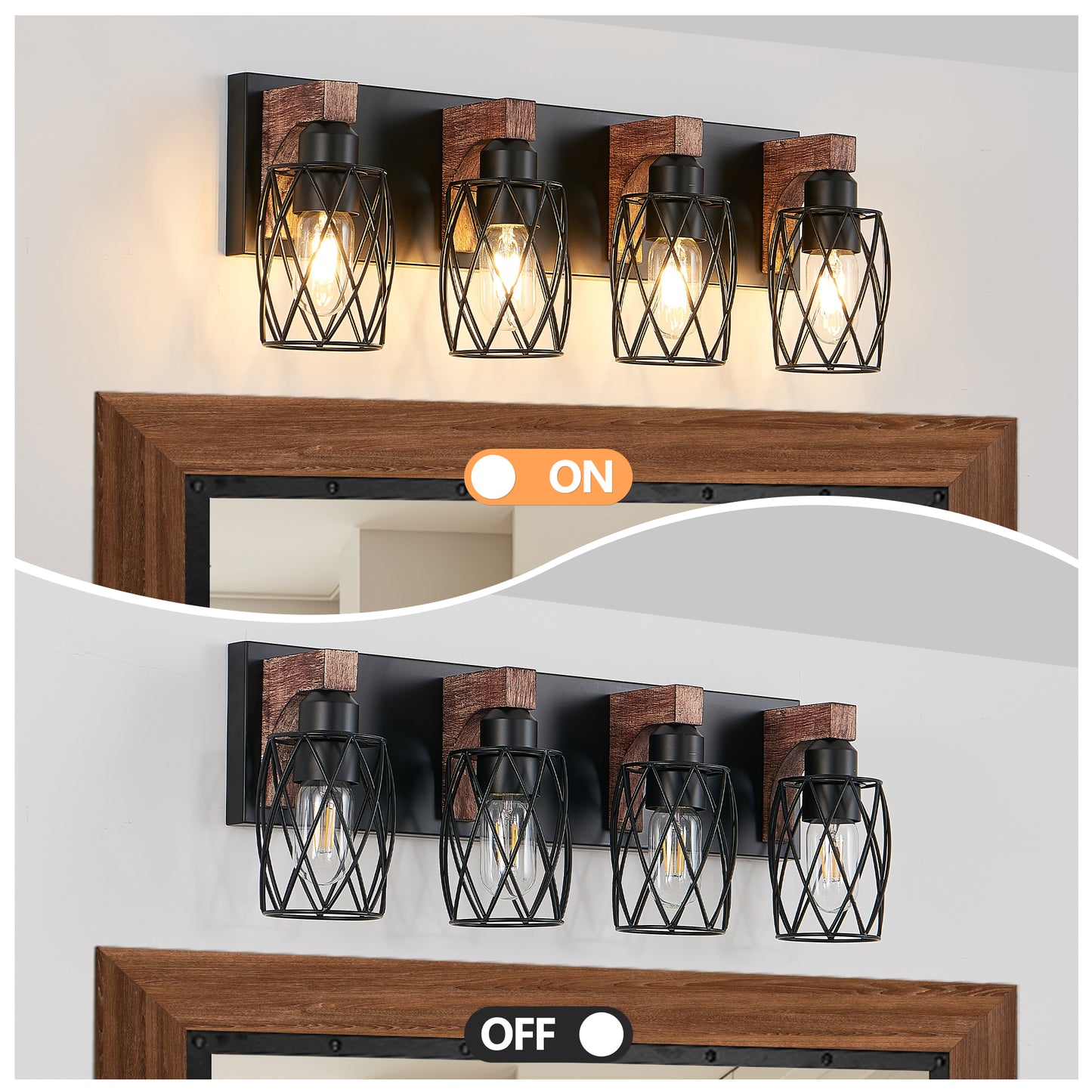 24" 4-Light Black Caged Wall Light with Wood Accents - view 6