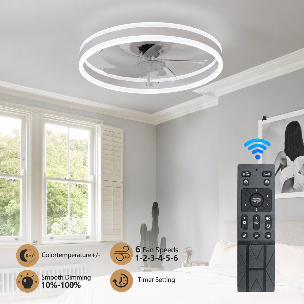 20" White Flush Mount Ceiling Fan with Dimmable LED & Remote - view 8