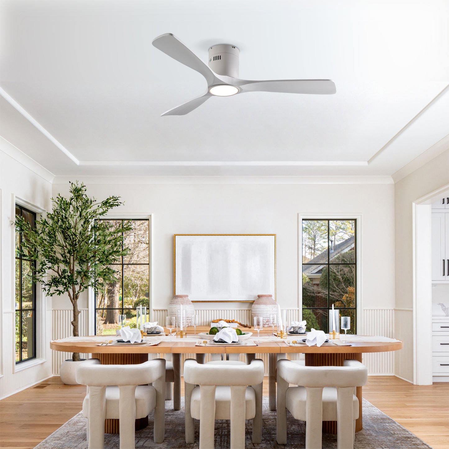 52" Matte White Solid Wood Ceiling Fan with Dimmable LED - view 5