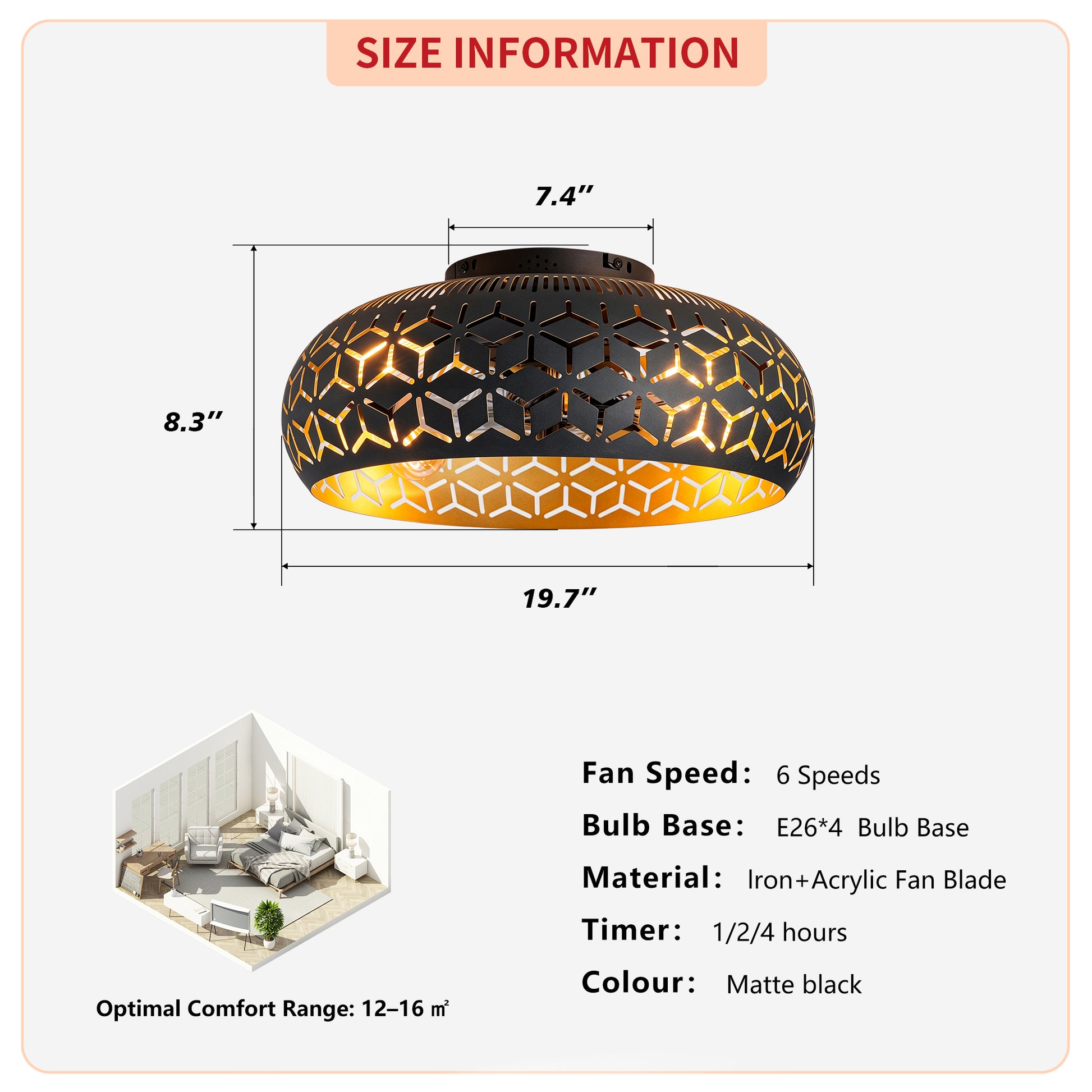 19.7" Black & Gold Caged Ceiling Fan with Remote - view 6
