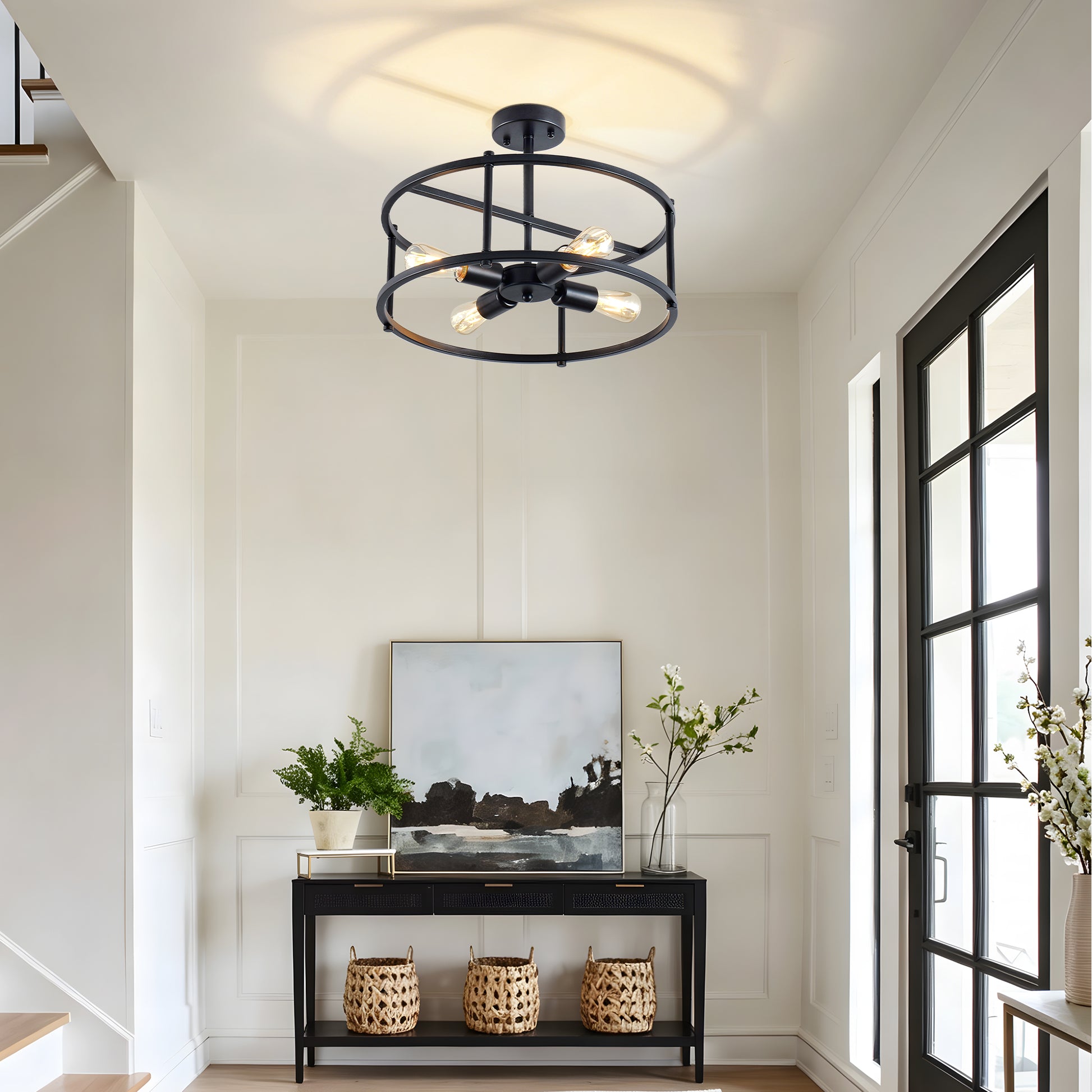 4-Light Black Industrial Semi Flush Mount Chandelier - view 4