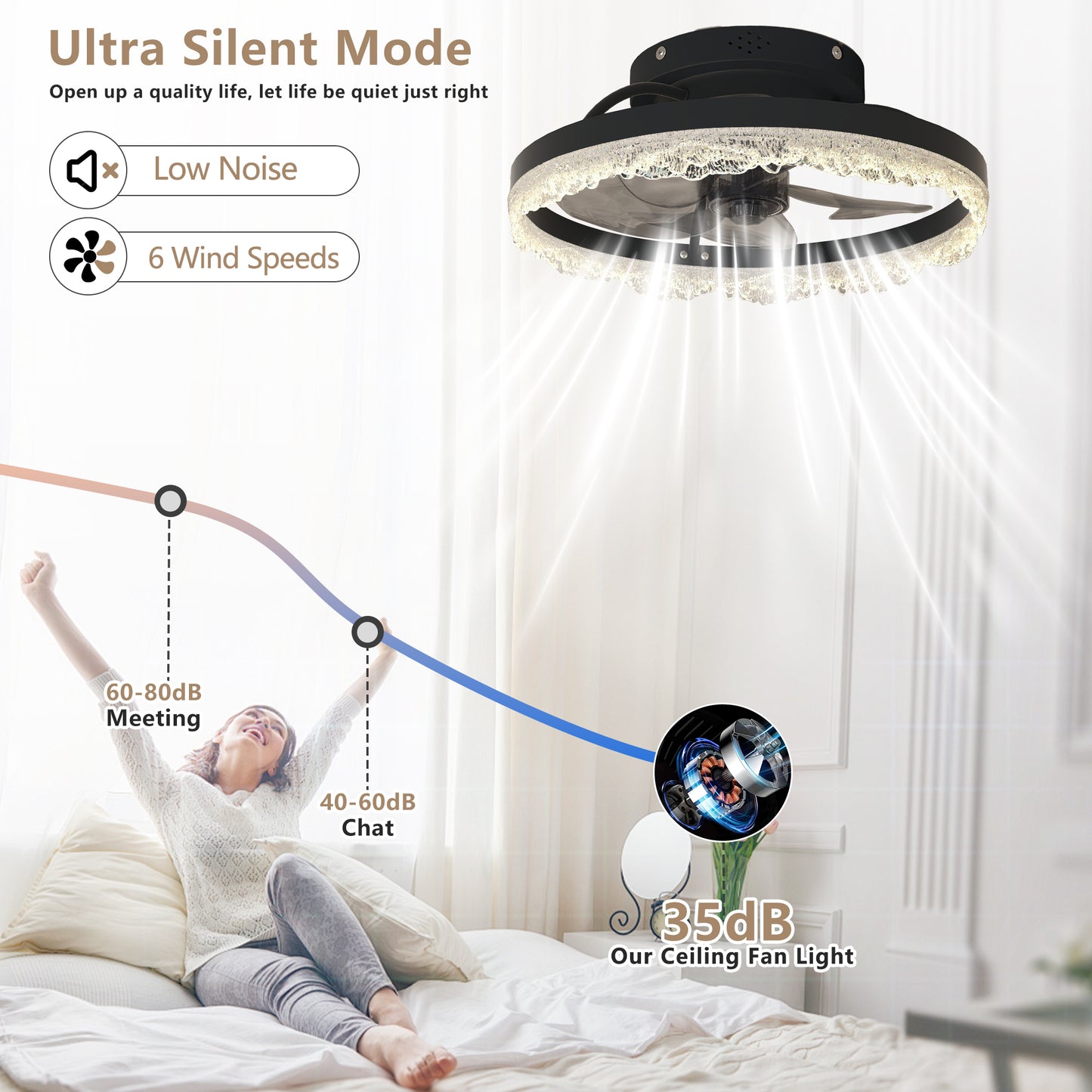 16" Black Crystal Ring Flush Mount Ceiling Fan with Remote - view 3