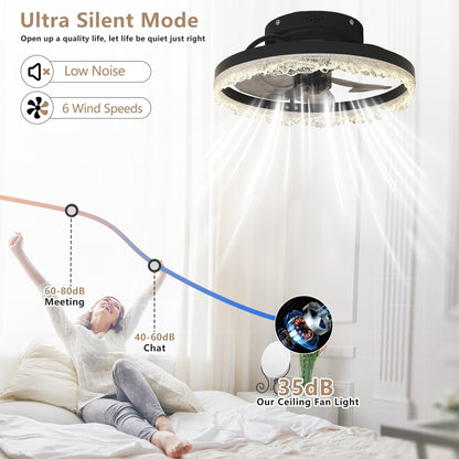 16" Black Crystal Ring Flush Mount Ceiling Fan with Remote - view 3