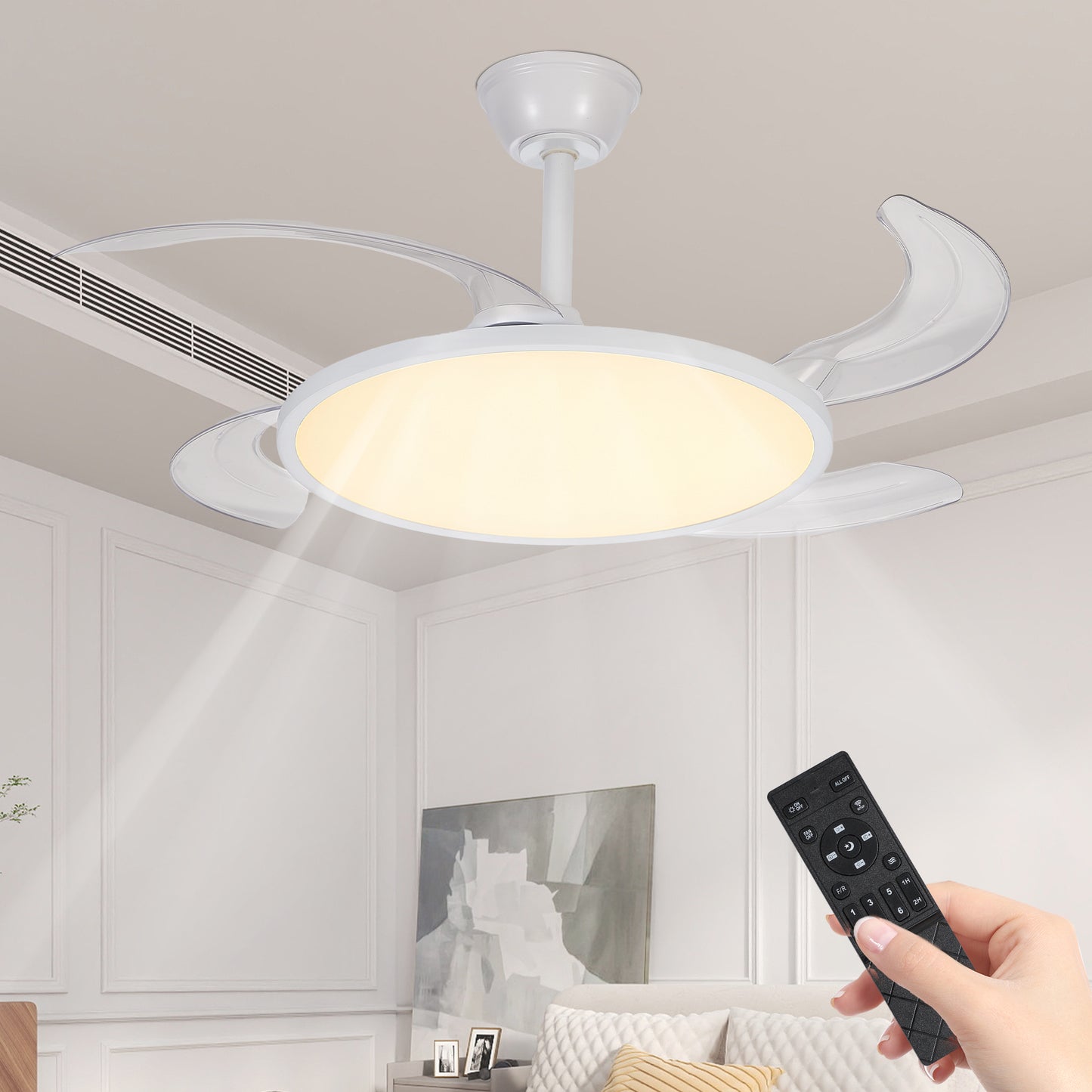 42" White Retractable Flush Mount Ceiling Fan with Remote - view 2