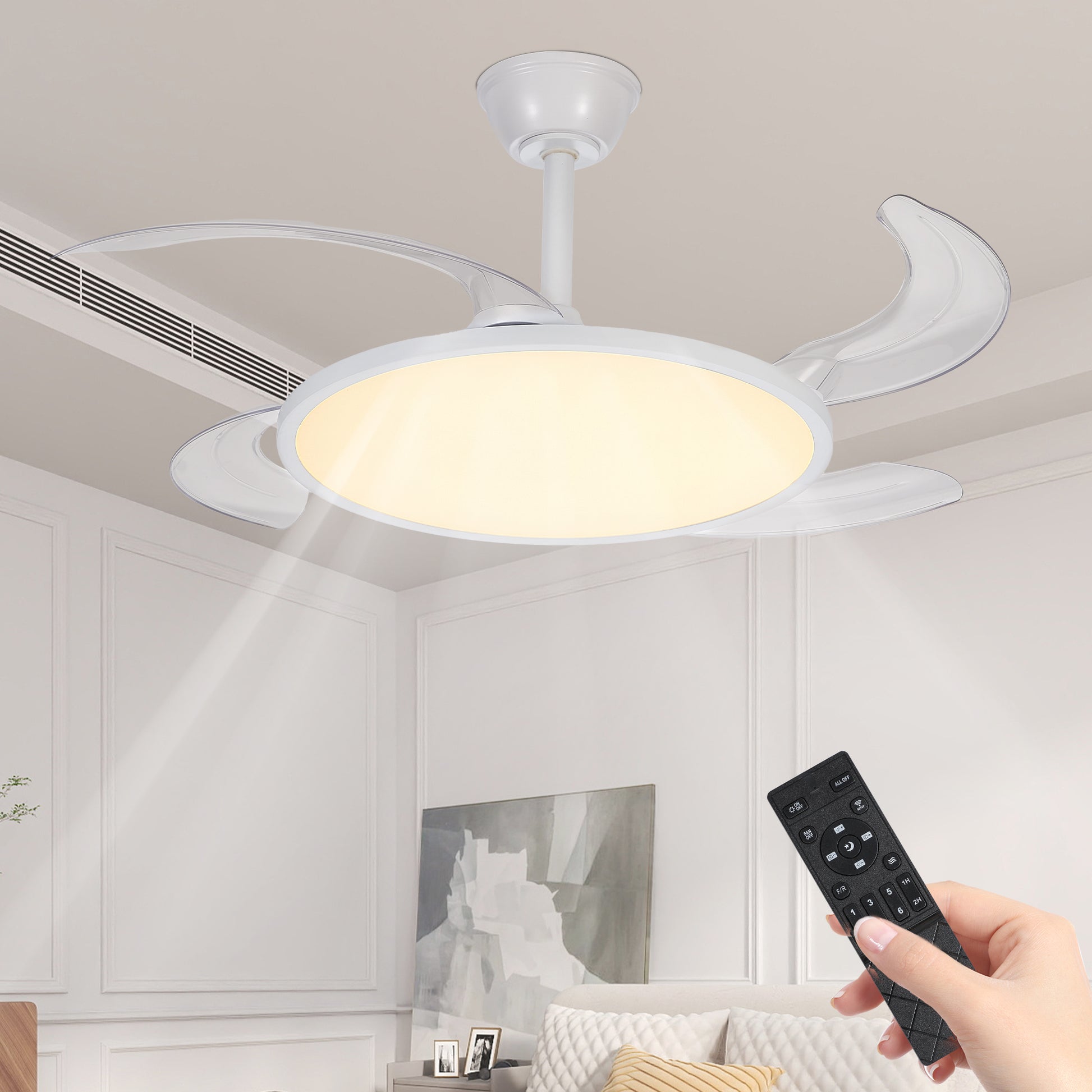 42" White Retractable Flush Mount Ceiling Fan with Remote - view 2