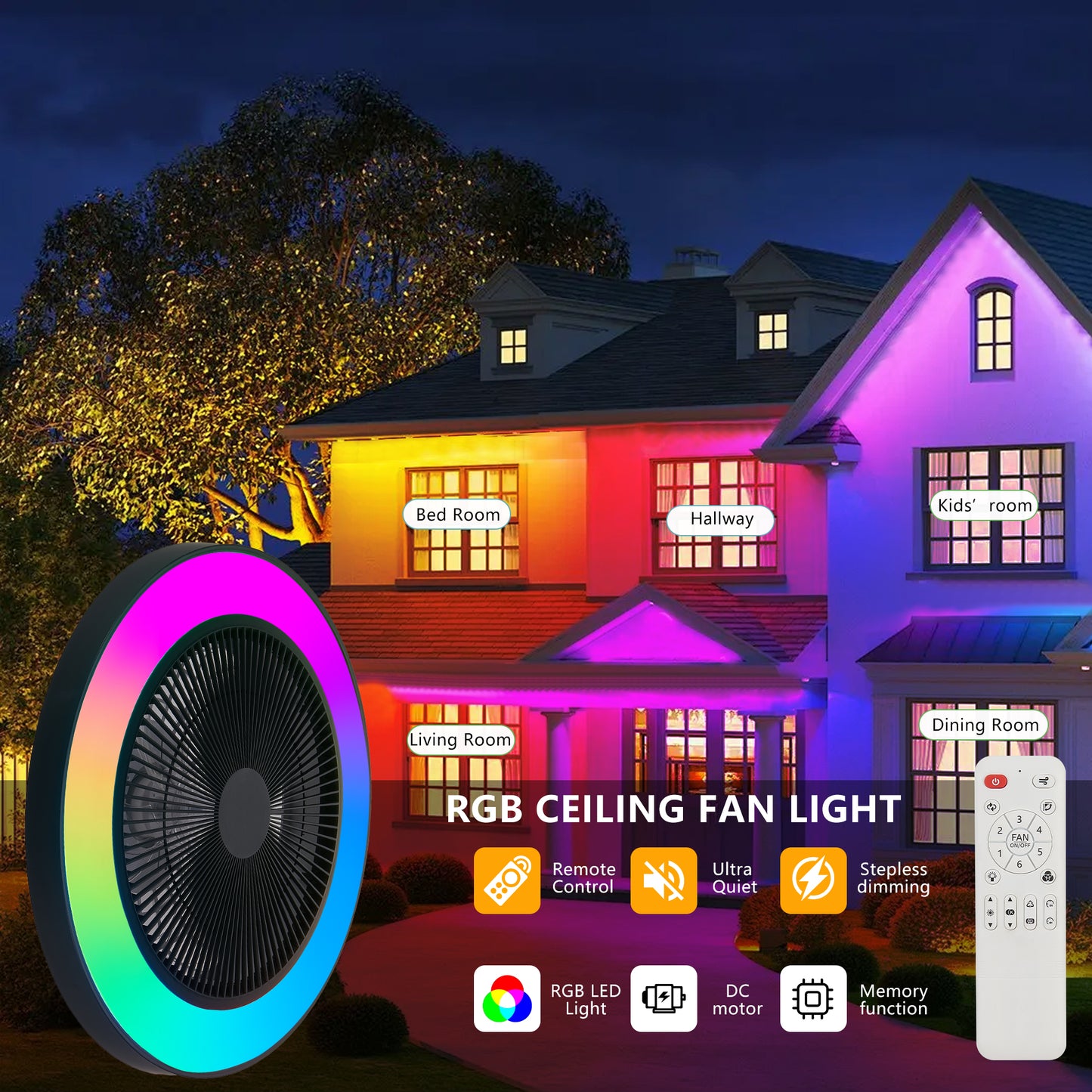 19" Black Ceiling Fan with Dimmable RGB LED & Remote - view 8