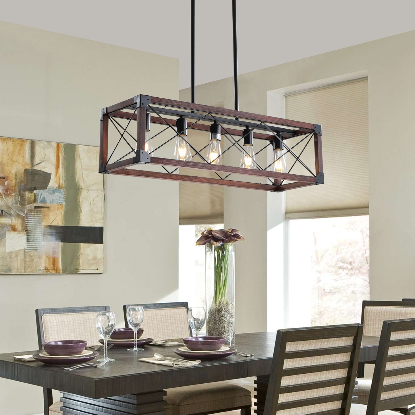 32" 5-Light Red Wood Farmhouse Rectangle Chandelier - view 5