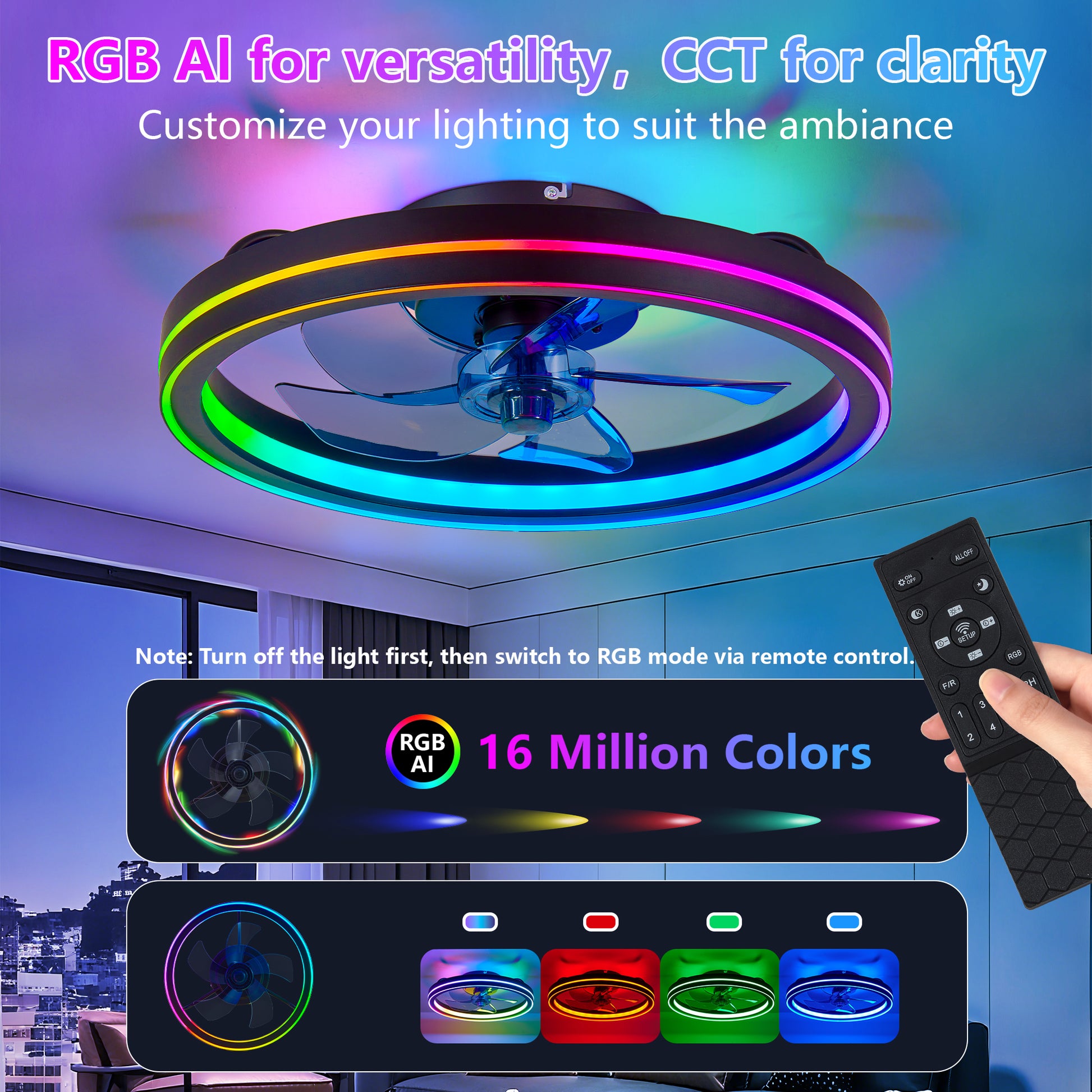 19" Black RGB Bladeless Fandelier Ceiling Fan with Remote - view 7