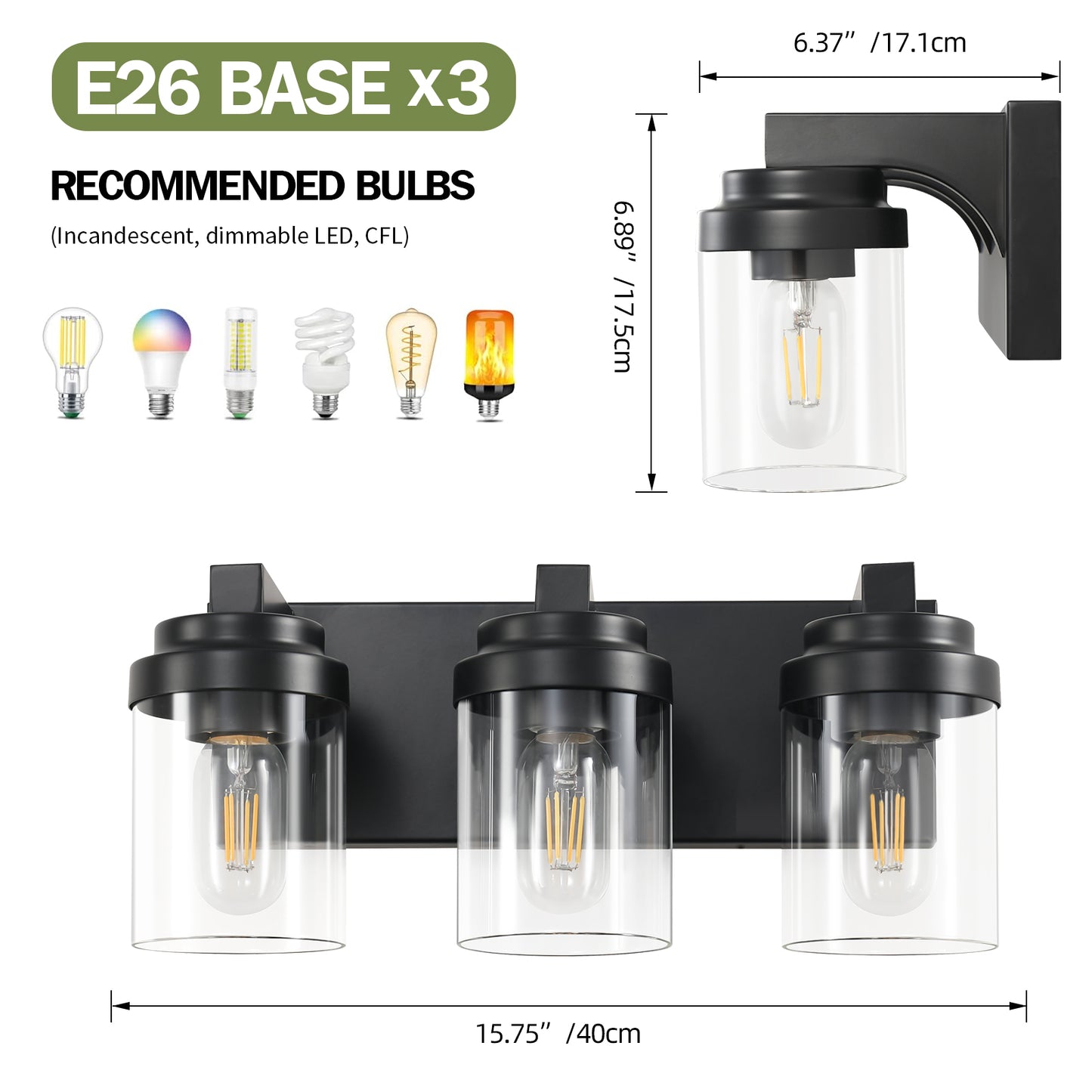 3-Light Matte Black Vanity Light with Clear Glass Shades - view 7
