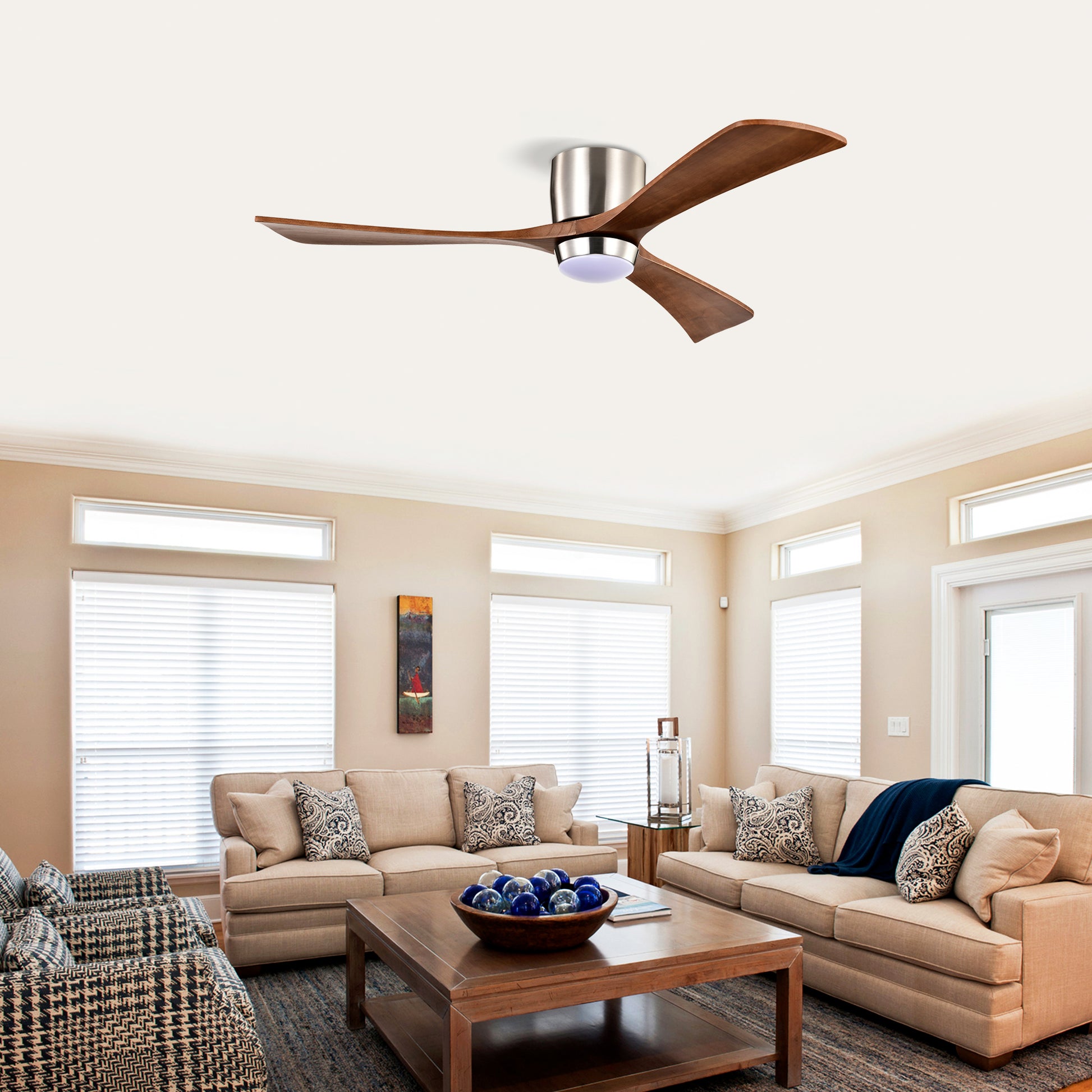 52" Nickel Flush Mount Wood Ceiling Fan with Remote - view 3