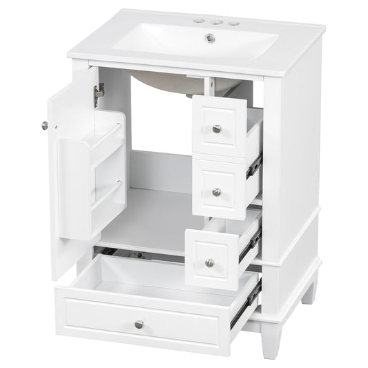 24" White Bathroom Vanity with Sink, 3 Drawers & Turned Legs