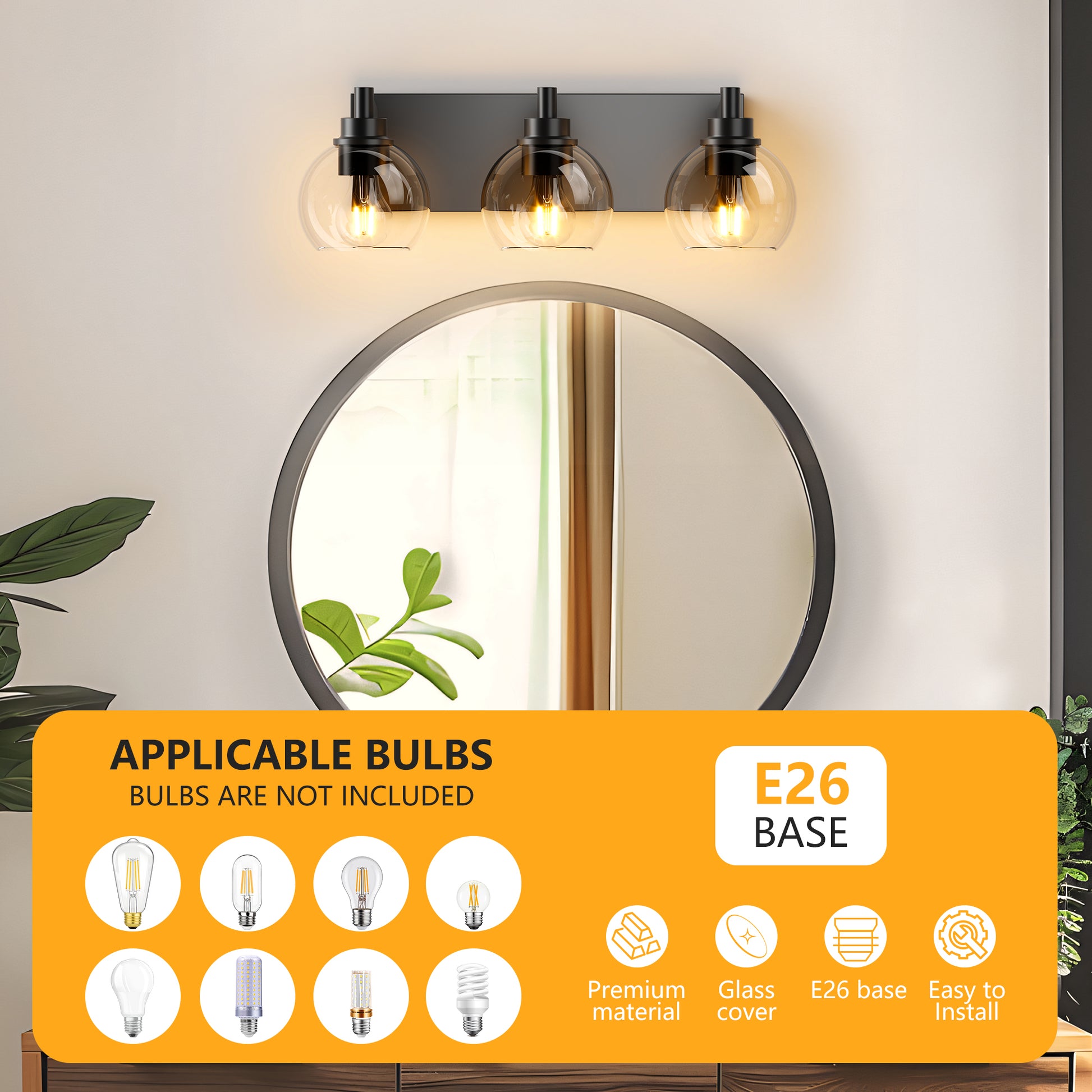 3-Light Matte Black Vanity Light with Clear Glass - view 6