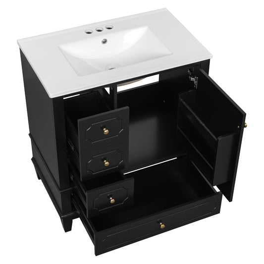 30" Black Bathroom Vanity with Sink, 3 Drawers & Tapered Legs