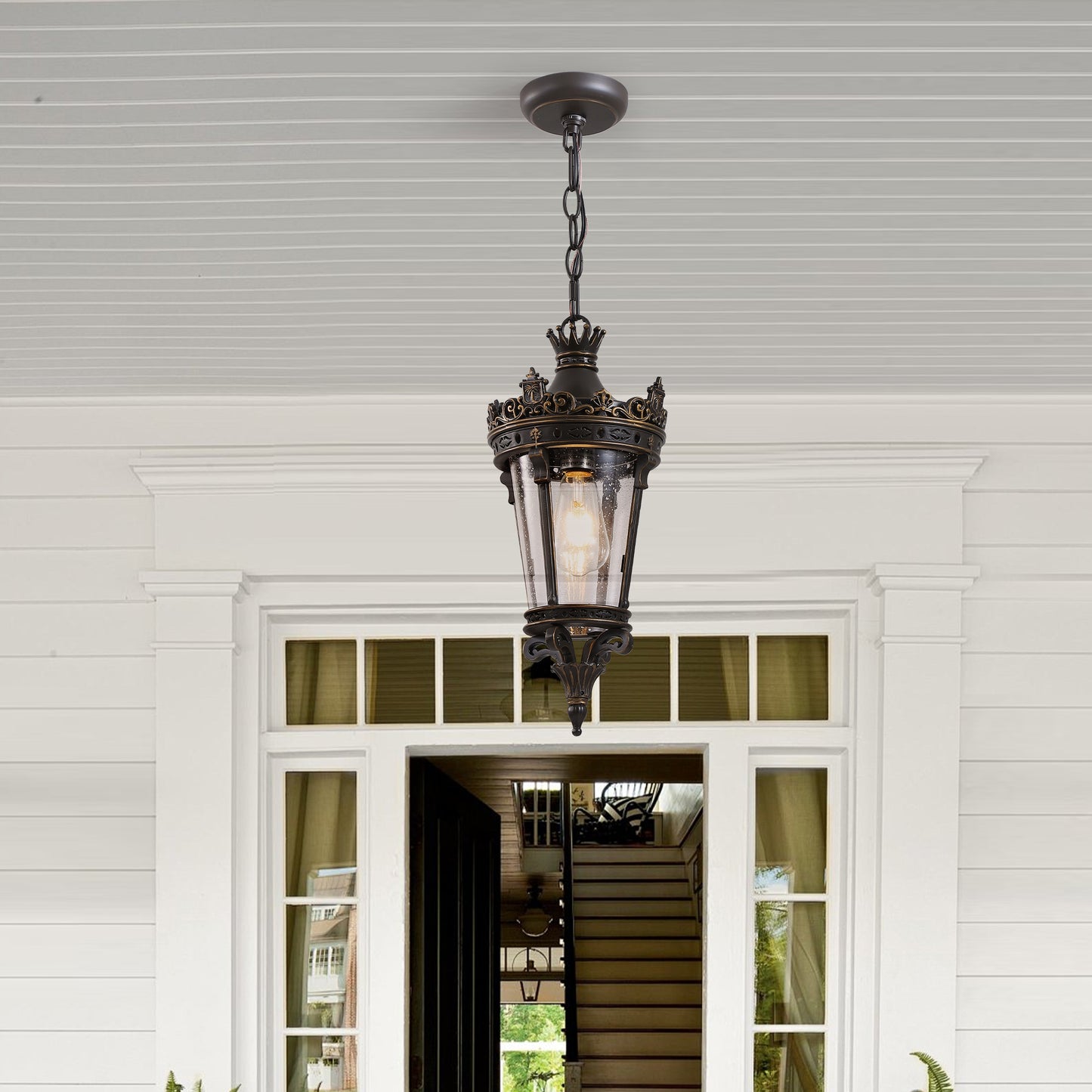 18"H Antique Gold Outdoor Lantern Pendant Light - view 2
