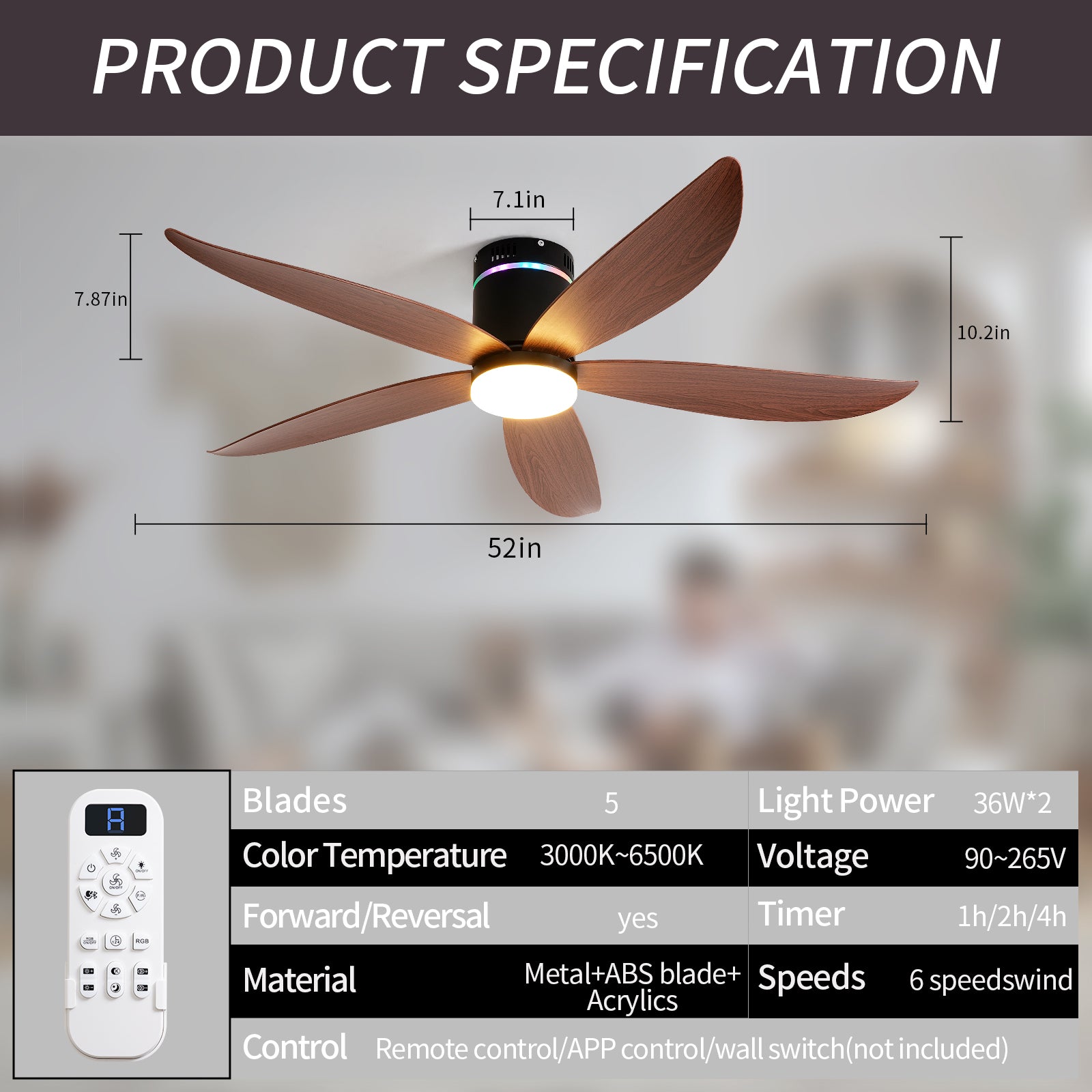 52" Matte Black 5-Blade Ceiling Fan with LED Light - view 6