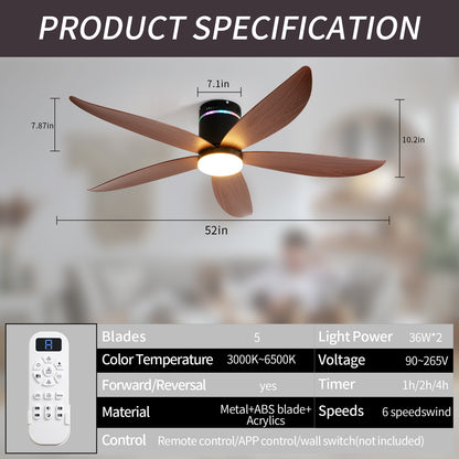52" Matte Black 5-Blade Ceiling Fan with LED Light - view 6