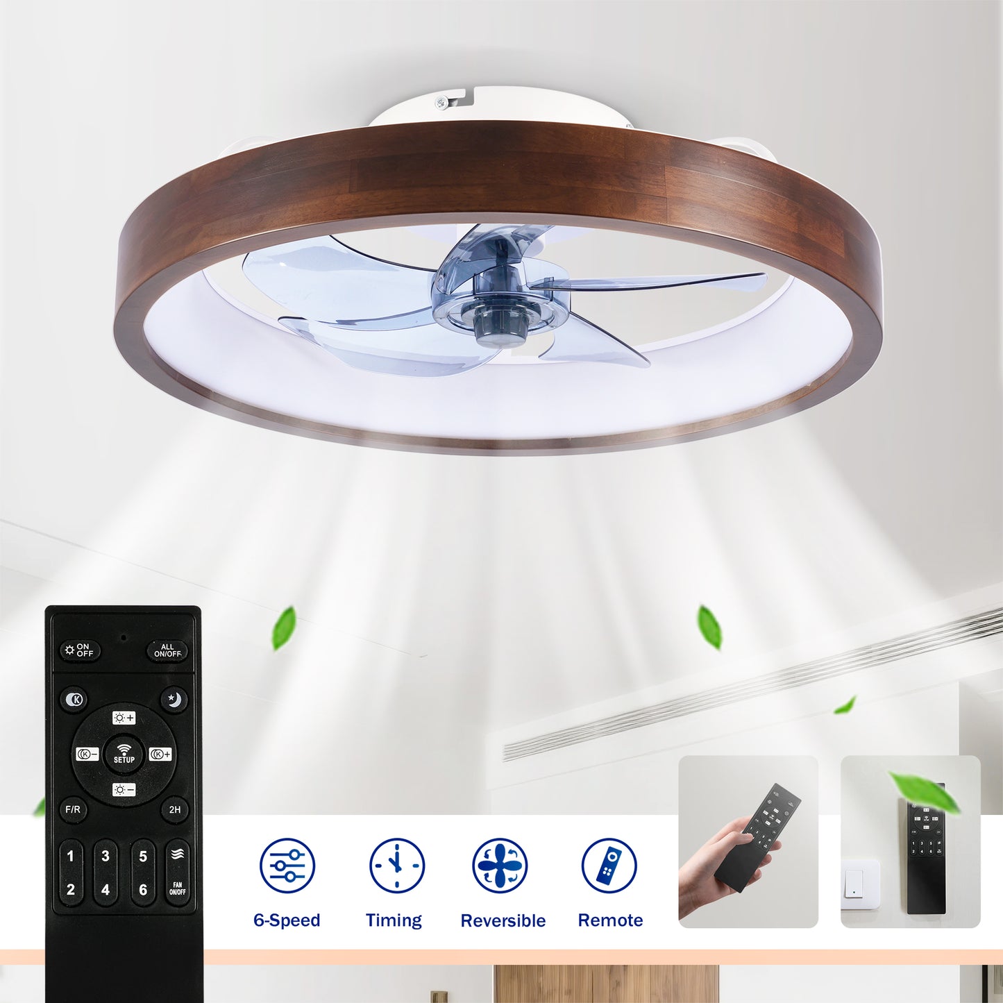 20" White & Wood Flush Mount Ceiling Fan with Dimmable LED - view 11