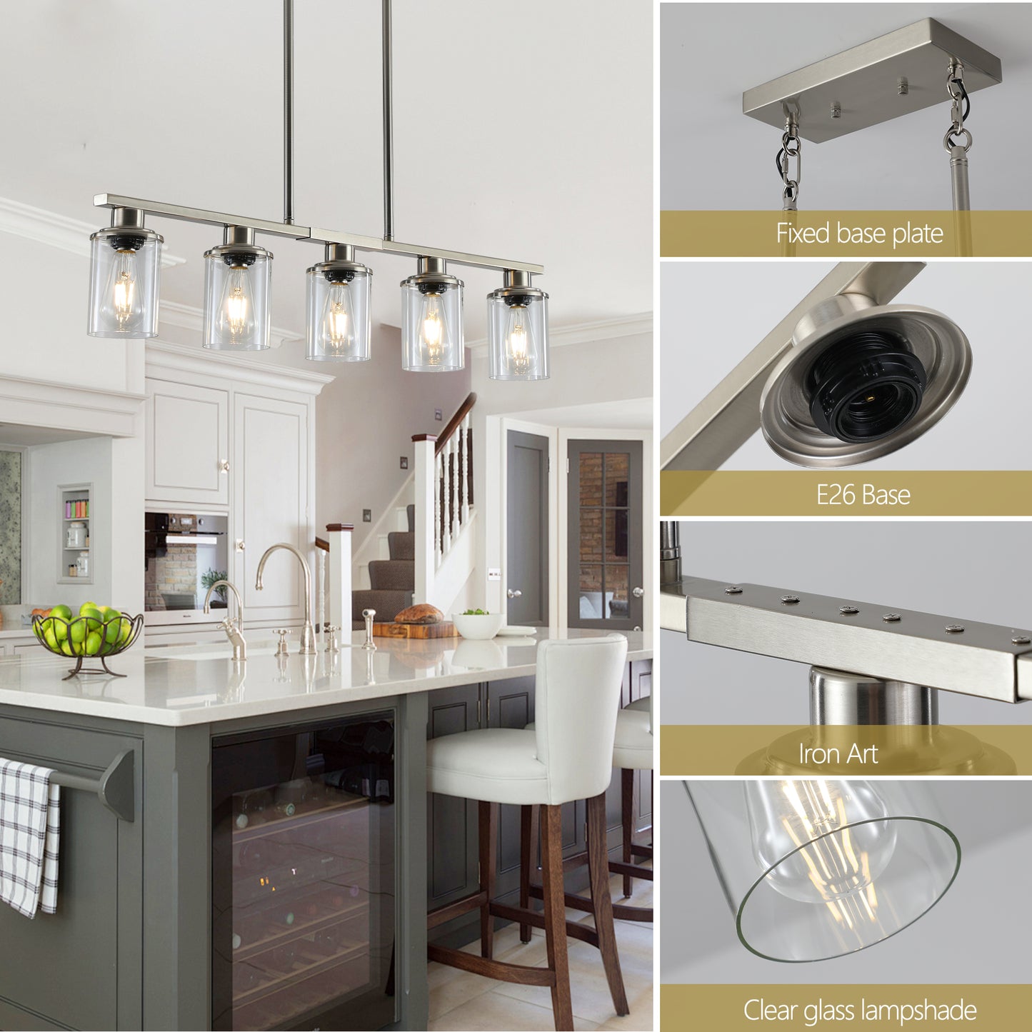 37" Brushed Nickel 5-Light Chandelier with Glass Shades - view 5