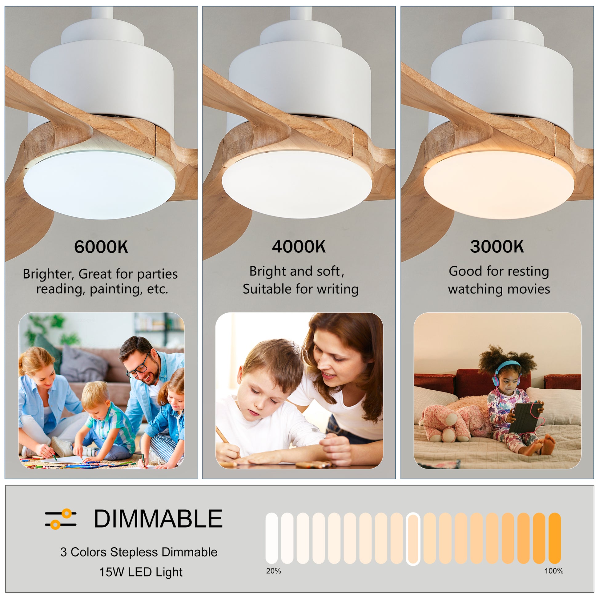 52" White & Natural Wood Ceiling Fan with Dimmable LED - view 8