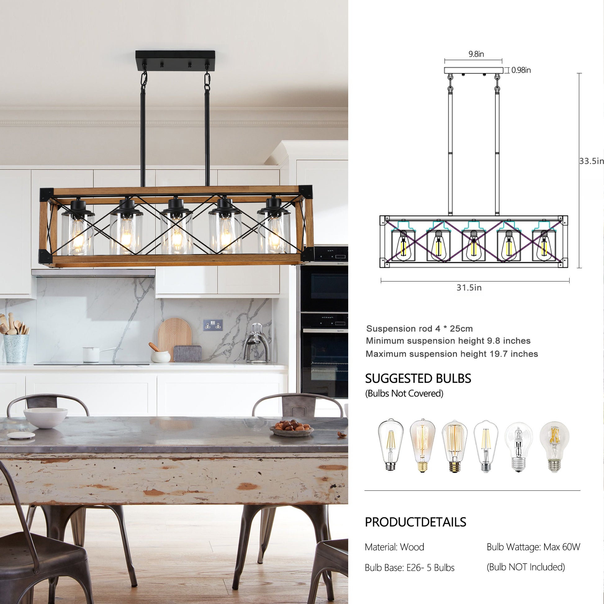 32" 5-Light Walnut Farmhouse Rectangle Chandelier - view 9
