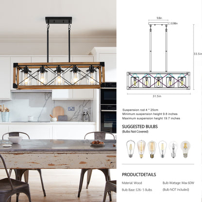 32" 5-Light Walnut Farmhouse Rectangle Chandelier - view 9
