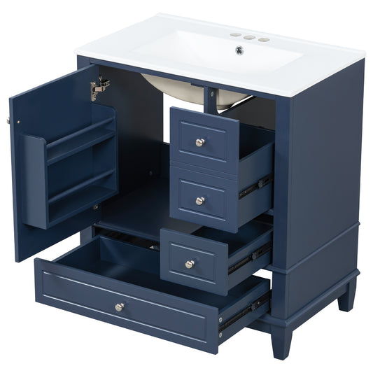 30" Blue Bathroom Vanity with Sink, 3 Drawers & Door Shelf
